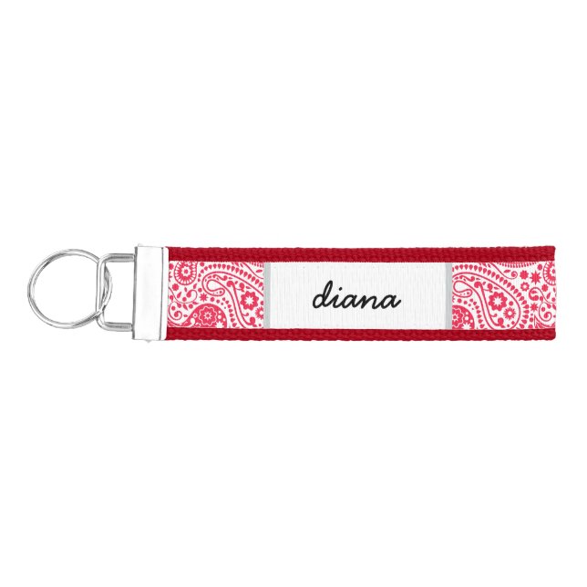 Cute Girly Custom Name Red Paisley A10 Wrist Keychain (Keys on Left)
