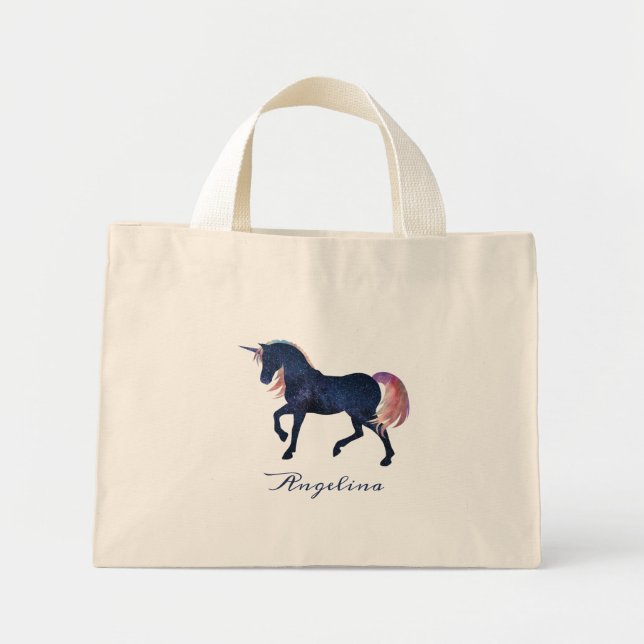  Cute Girly Customized Celestial Navy Blue Unicorn Mini Tote Bag (Front)
