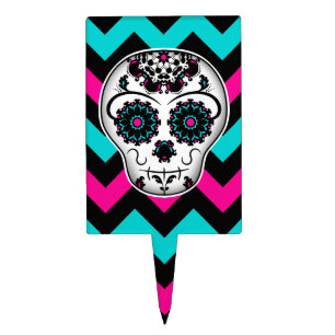 Cute girly day of the dead sugar skull chevron cake topper