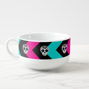 Cute girly day of the dead sugar skull chevron soup mug