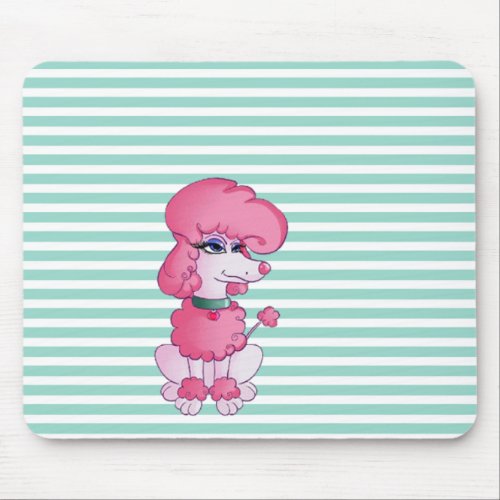 Cute Girly  Dog On Mint  White Stripes Mouse Pad