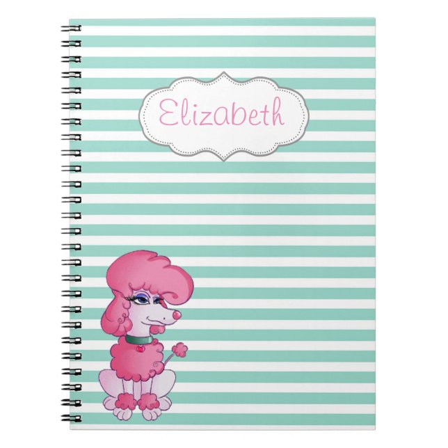 Cute Girly  Dog On Mint White Stripes-Personalized Notebook (Front)