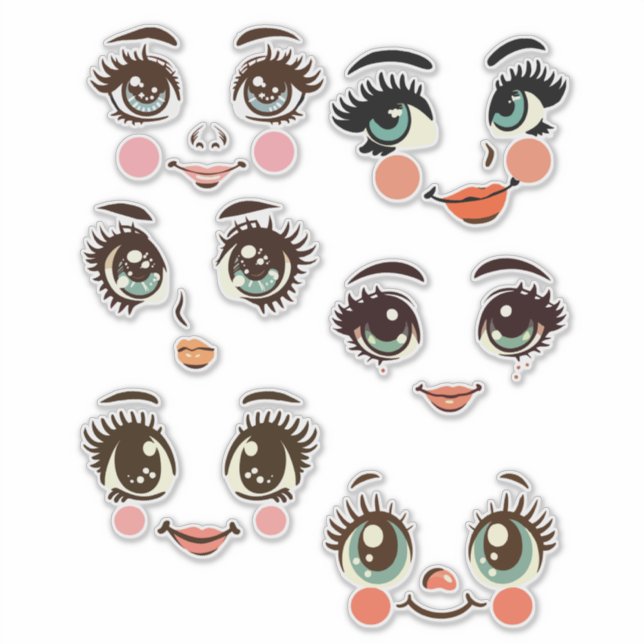 cute girly doll face art illustrations  sticker (Front)