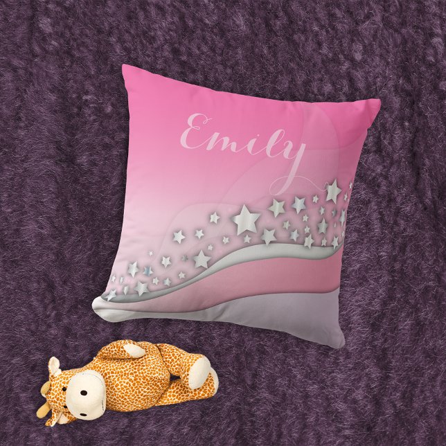 Cute Girly Dreamy Silver Stars on Blush Pink Name Throw Pillow (Creator Uploaded)