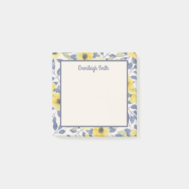 Cute Girly Dusty Blue Yellow Flowers Cream Post-it Notes (Front)