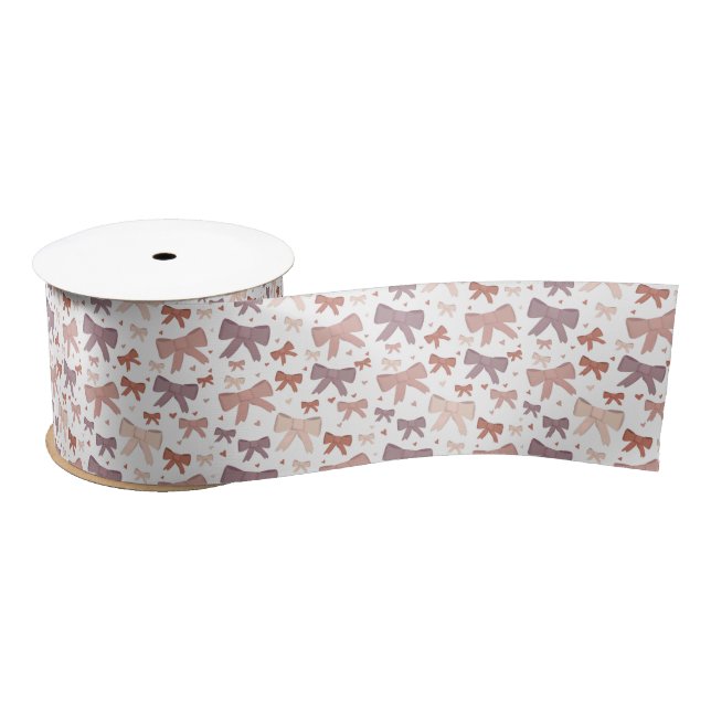 Cute Girly Dusty Pink Bows And Hearts Pattern Satin Ribbon (Spool)