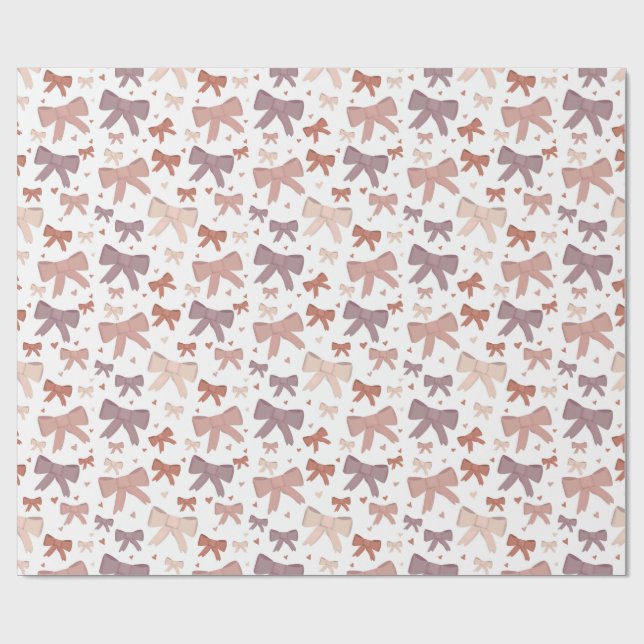 Cute Girly Dusty Pink Bows And Hearts Pattern Wrapping Paper (Flat)