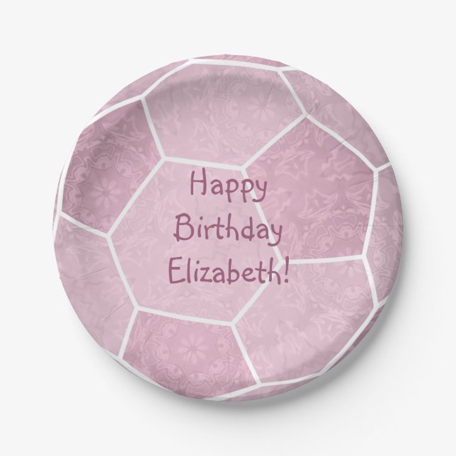 cute girly dusty pink soccer birthday party paper plates (Front)