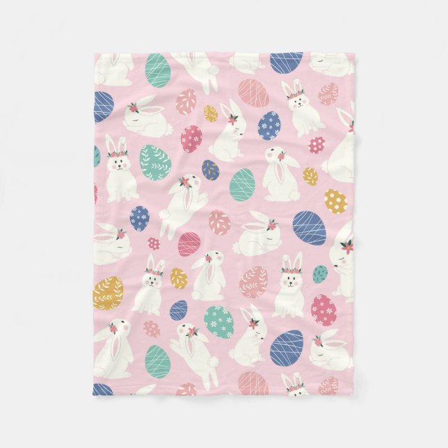 Cute Girly Easter Bunny Modern Pink Floral Eggs Fleece Blanket (Front)