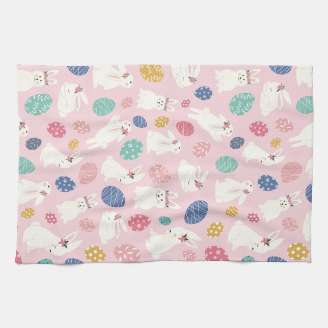 Cute Girly Easter Bunny Modern Pink Floral Eggs Kitchen Towel (Horizontal)