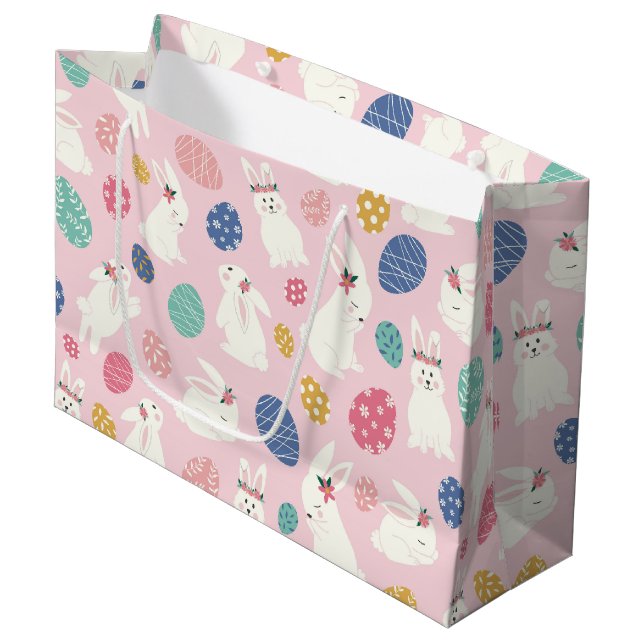 Cute Girly Easter Bunny Modern Pink Floral Eggs Large Gift Bag (Front Angled)