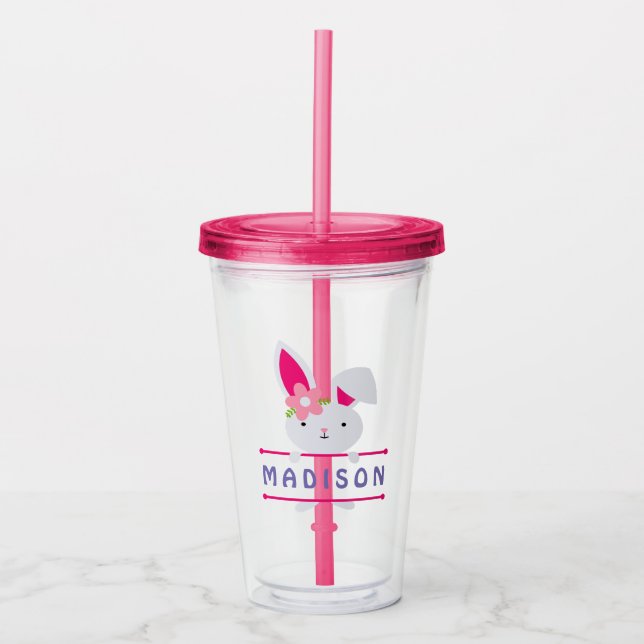 Cute Girly Easter Bunny Personalized Name Acrylic Tumbler (Front)