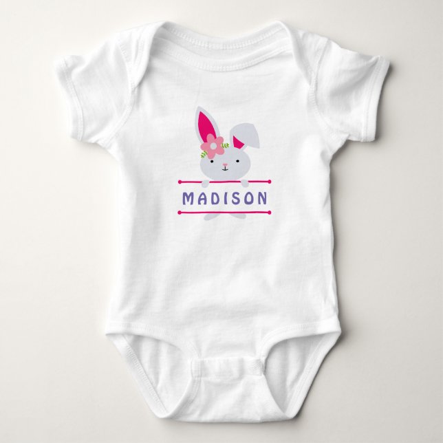 Cute Girly Easter  Bunny Personalized Name Baby Bodysuit (Front)