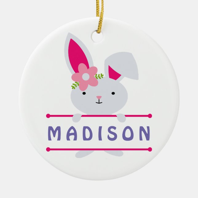 Cute Girly Easter Bunny Personalized Name Ceramic Ornament (Front)
