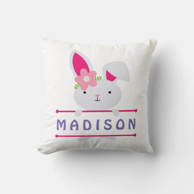 Cute Girly Easter Bunny Personalized Name Throw Pillow (Front)