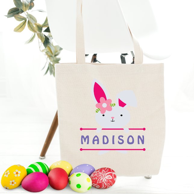 Cute Girly Easter Bunny Personalized Name Tote Bag (Creator Uploaded)