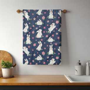 Cute Girly Easter Bunny Rabbit Modern Pink Floral Kitchen Towel