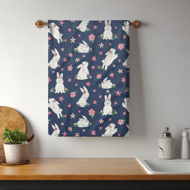 Cute Girly Easter Bunny Rabbit Modern Pink Floral Kitchen Towel (Creator Uploaded)