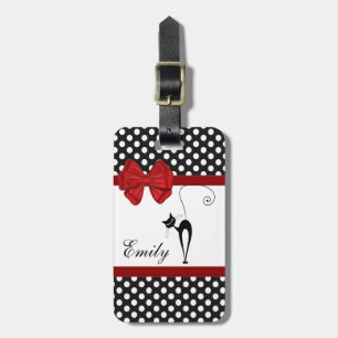 Cute girly elegant black cat polka dots monogram luggage tag