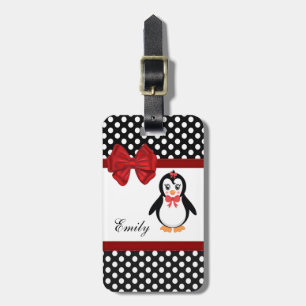 Cute girly elegant penguin polka dots luggage tag