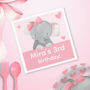 Cute Girly Elephant Pink Bow Birthday Party Napkins