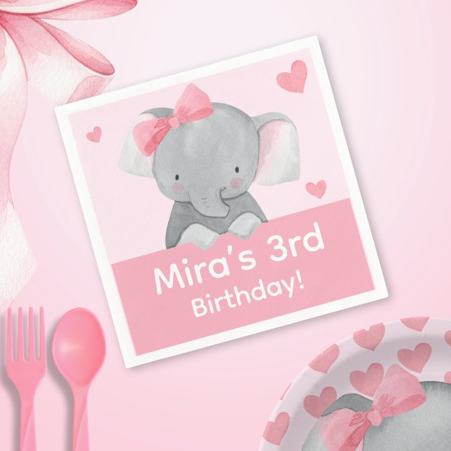 Cute Girly Elephant Pink Bow Birthday Party  Napkins (Creator Uploaded)