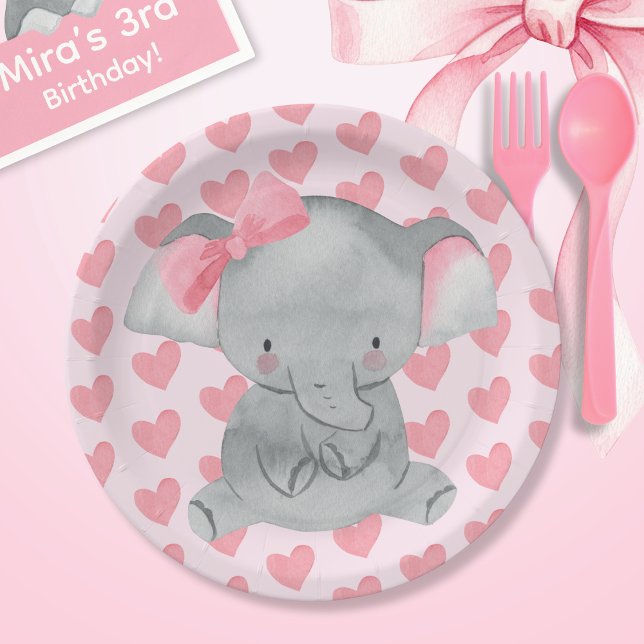 Cute Girly Elephant Pink Bow Birthday Party  Paper Plates (Creator Uploaded)