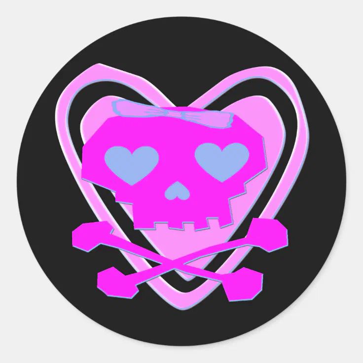 CUTE & GIRLY EMO SKULL & CROSSBONES CLASSIC ROUND STICKER | Zazzle