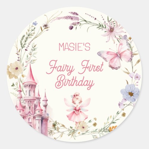 Cute Girly Fairy First Birthday Classic Round Sticker