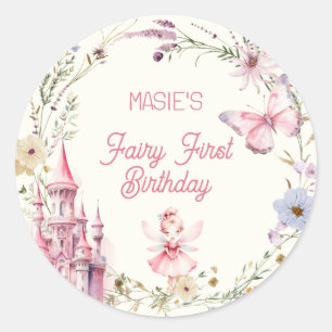 Cute Girly Fairy First Birthday Classic Round Sticker