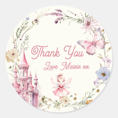 Cute Girly Fairy First Birthday Thank You Classic Round Sticker