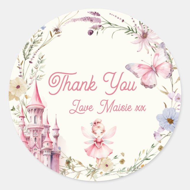 Cute Girly Fairy First Birthday Thank You Classic Round Sticker (Front)