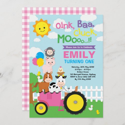 Cute  Girly Farm Birthday Barnyard Animals Party Invitation