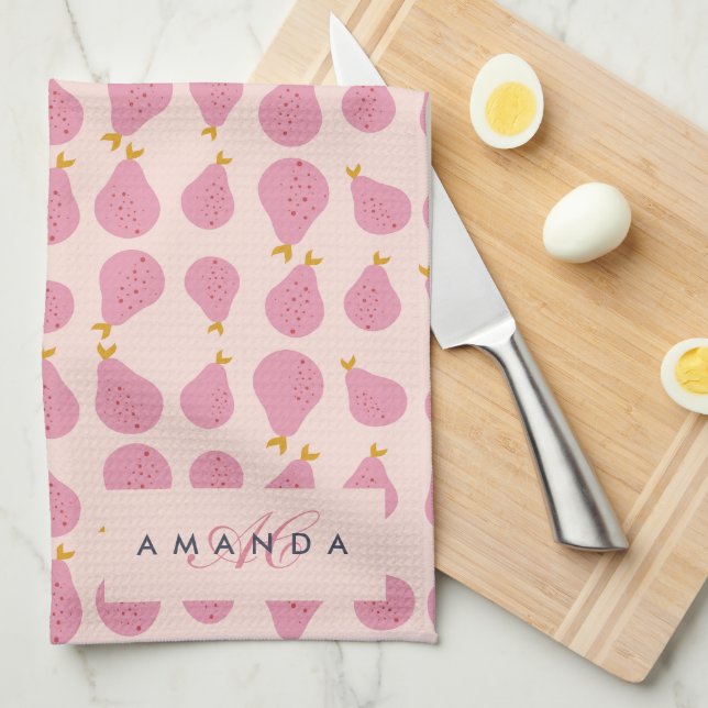 Cute Girly Feminine Pear Monogrammed Initial Gifts Kitchen Towel (Quarter Fold)