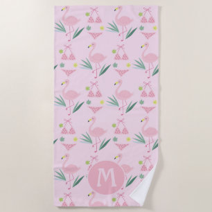 Cute Girly Flamingo and Bikini Pink Monogram Beach Towel