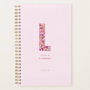 Cute Girly Floral Colorful Monogram Pastel Pink Planner