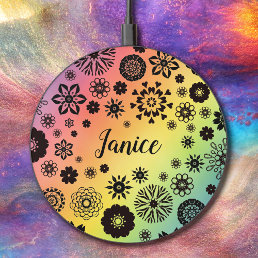   Cute Girly Floral Cool Rainbow Customizable Name Wireless Charger