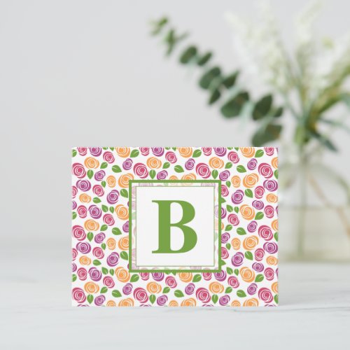 Cute Girly Floral Custom Monogrammed Initial Green Note Card