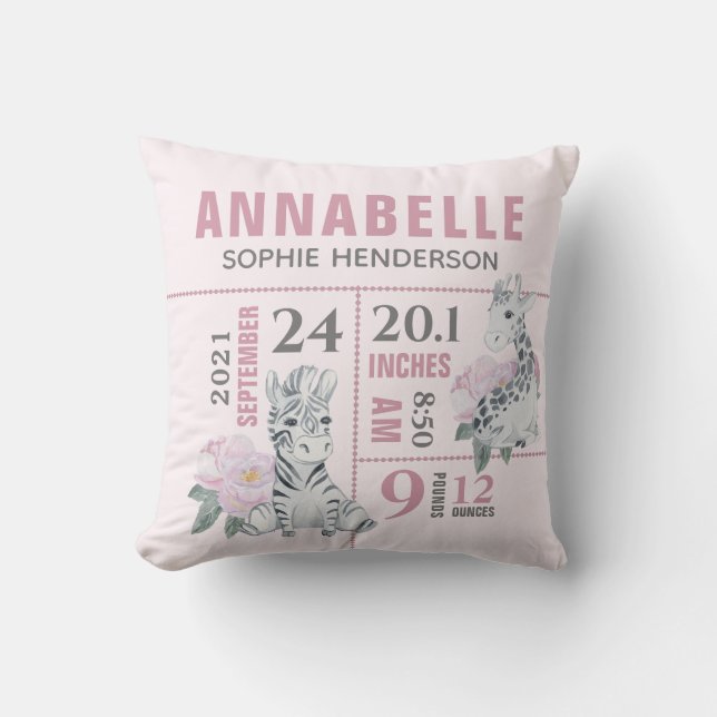 Cute Girly Floral Jungle Animals Birth Stats Throw Pillow (Front)