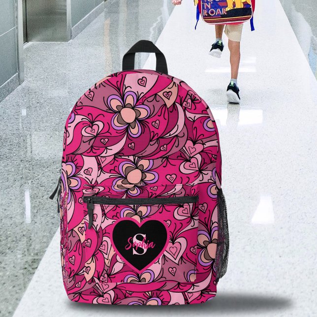 Cute Girly Floral Pattern with Hearts Name Initial Printed Backpack (Creator Uploaded)