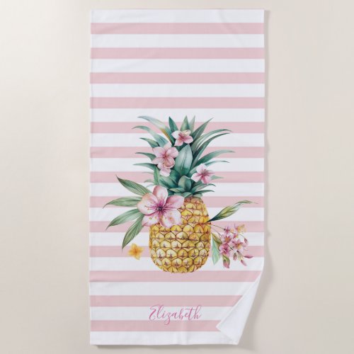 Cute Girly Floral Pineapple Pink Stripes  Beach Towel