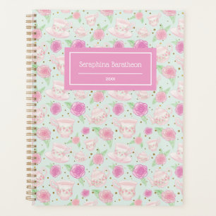 Cute Girly Floral Tea Cups Pattern Personalized Planner