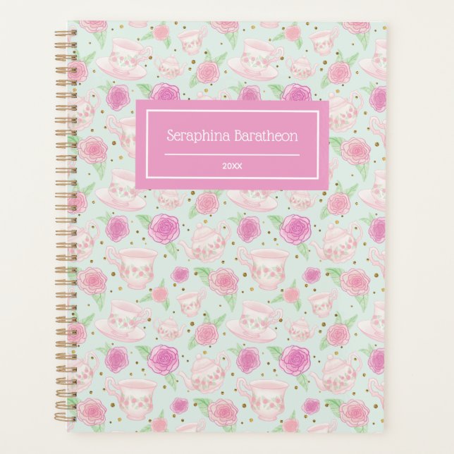 Cute Girly Floral Tea Cups Pattern Personalized Planner (Front)
