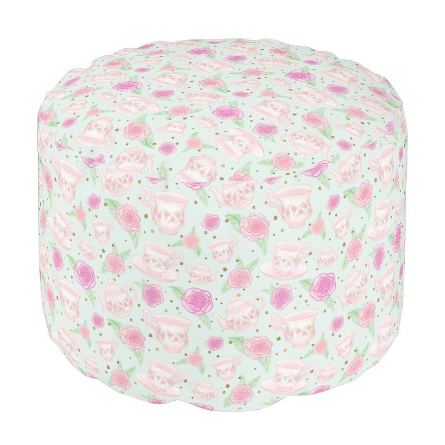 Cute Girly Floral Tea Cups Pattern Pouf (Angled Front)
