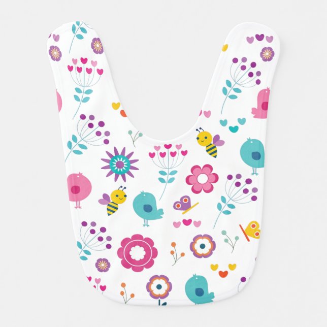 Cute Girly Flower Garden with Birds and Bees  Baby Bib (Front)