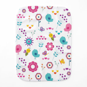 Cute Girly Flower Garden with Birds and Bees Baby Burp Cloth