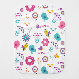 Cute Girly Flower Garden with Birds and Bees Baby Burp Cloth