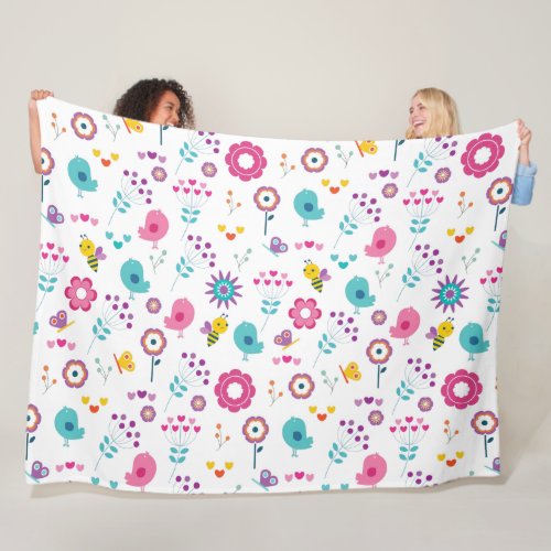 Cute Girly Flower Garden with Birds and Bees Fleece Blanket