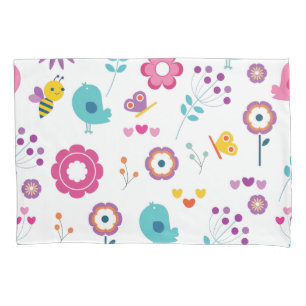 Cute Girly Flower Garden with Birds and Bees Pillow Case