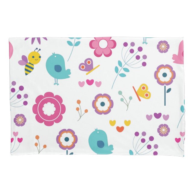 Cute Girly Flower Garden with Birds and Bees Pillow Case (Front-Left)